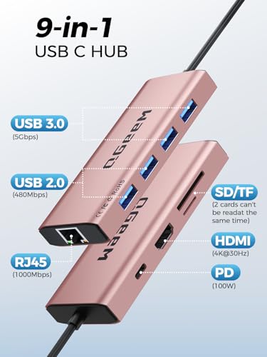 QGeeM USB C Hub Ethernet,9 in 1 USB Type C Hub HDMI Multi-Port Converter Adapter,100W Pd, USB 3.0,SD/TF Card Reader,Compatible for MacBook Pro Air Ipad HP Dell Lenovo Chromebook etc.-Pink - color: Pink