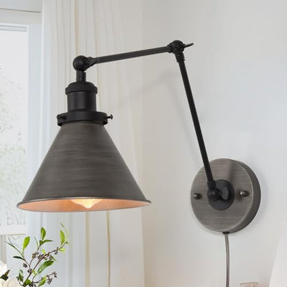 LALUZ Black Wall Sconces Lighting, Modern Swing Arm Plug-in or Hardwired Adjustable Wall Lamp with Antique Silver Finish for Bedroom, Kitchen, and Living Room - size: 12" W Antique Silver