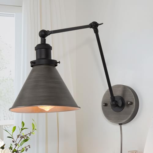 LALUZ Black Wall Sconces Lighting, Modern Swing Arm Plug-in or Hardwired Adjustable Wall Lamp with Antique Silver Finish for Bedroom, Kitchen, and Living Room - size: 12" W Antique Silver