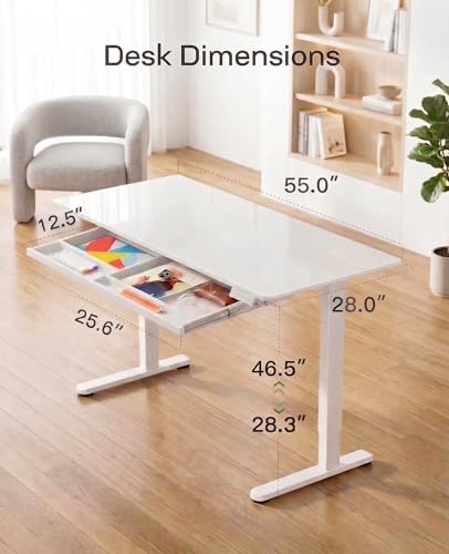 Marsail Glass Standing Desk with Drawer, 55 x 28 Inches Adjustable Desk, Home Office Desks with One-Piece Tempered Glass Top, Ergonomic Home Office Sit Stand Desk with 4 Preset Heights, White