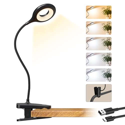CUHIOY Rechargeable Clip on Reading Light for Bed Headboard, Black, 1 Pack | Strong Clamp USB-C Goose-Neck Night Light, 5 Colors 5 Brightness Desk Lamp for Bunk Bed Shelf, Perfect for Reading Working - style: 1Pack Black