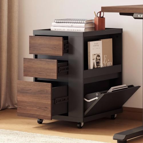 Mobile File Cabinet Under Desk with 3 Drawer, Office Storage Cabinet | Rolling Wood Printer Stand w/ Unique Side Shelf for Binders, Large Capacity Organizer for Home Office