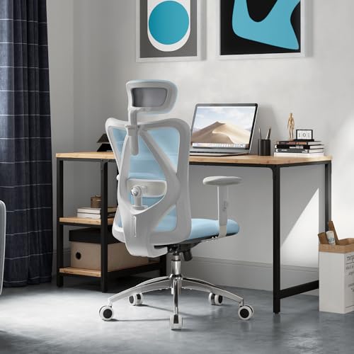 SIHOO M18 Ergonomic Office Chair, Computer Desk Chair with Adjustable Headrest and Lumbar Support, High Back Executive Swivel Chair for Home Office (Light Blue) - color: Light Blue, size: Pack of 1