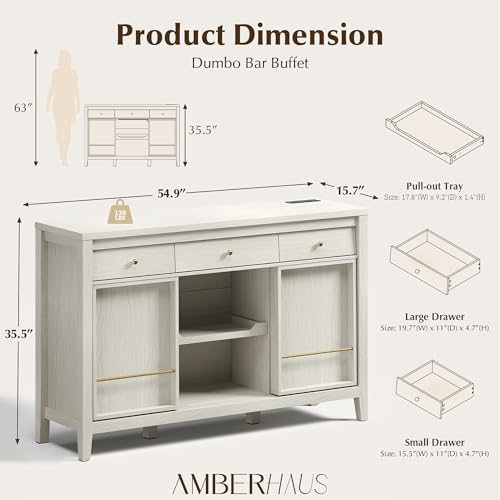 Buffet Cabinet with Storage, Modern Sideboard Cabinet with 3 Drawers, 2 Sliding Doors & Pull-Out Shelf, Coffee Bar Cabinet with Charging Station, Beige