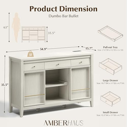 Buffet Cabinet with Storage, Modern Sideboard Cabinet with 3 Drawers, 2 Sliding Doors & Pull-Out Shelf, Coffee Bar Cabinet with Charging Station, Beige
