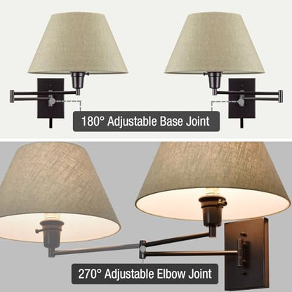 Kira Home Cambridge 15" Modern Swing Arm Wall Sconce + 3-Way Switch, 2-Pack | Latte Mocha Empire Fabric Shade, 2-in-1 Plug In or Hardwired Bedroom Wall Lamp, Black Finish - color: Black,Latte Mocha Shade,2-Pack