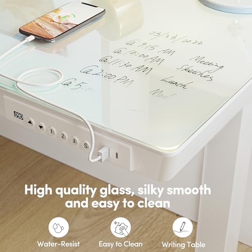 BANTI Electric Standing Desk with Drawers, 55 inch Whole-Piece Glass Desktop, Height Adjustable Stand up Sit Stand Home Office Ergonomic Workstation, White Tabletop - color: White, size: 55 Inch