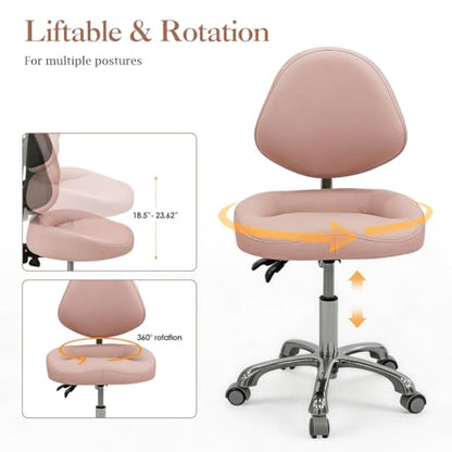 Saddle Stool Rolling Chair for Medical Massage Salon Spa Drafting,Adjustable Hydraulic Stool with Wheels (Pink with Backrest) - color: Pink With Backrest