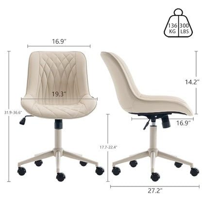 YOUNIKE Faux Leather Office Desk Chair Comfy Vanity Chair Armless Cream | Ergonomic Upholstered Rocking Back, Swivel with Wheels, Height Adjustable, Modern Task Chair For Computer Sewing Drafting - color: Cream