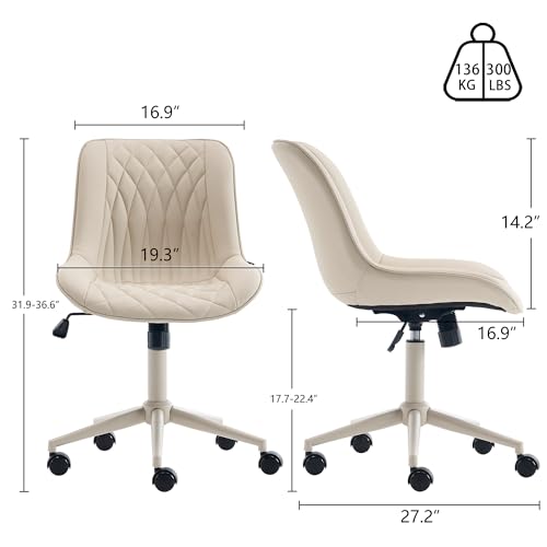 YOUNIKE Faux Leather Office Desk Chair Comfy Vanity Chair Armless Cream | Ergonomic Upholstered Rocking Back, Swivel with Wheels, Height Adjustable, Modern Task Chair For Computer Sewing Drafting - color: Cream