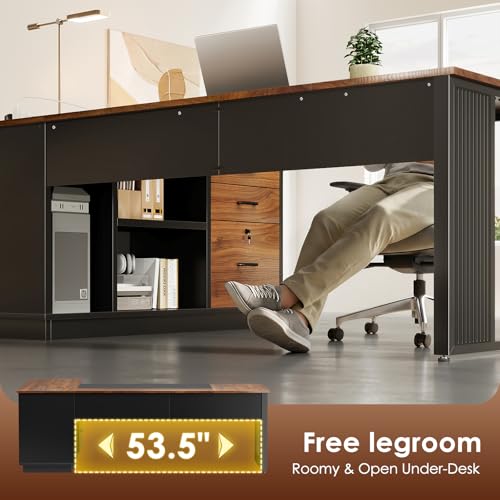 AODK 71 Inch L Shaped Executive Desk with Storage, Walnut+ Black | Computer Desk with 3 Wooden Drawers and File Cabinet, Corner Desk, Outlets, Home Office Computer Workstation - size: 71 Inch