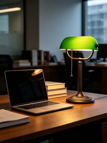 1-Minute Quick-Change Shade Antique Green Glass Bankers Desk Lamp | Study Office Library,LED Bulb Included - color: Green-AG