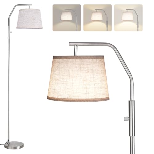 SUNMORY Floor Lamps for Living Room, 0-100% Dimmable Standing Lamp | 9W Bulb Included, 270°/90° Adjustable Rotating Lamp Head, Light-Diffusing Linen Shade, Modern Style for Bedroom, Office - color: Nickel