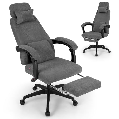 Giantex Reclining Office Chair, Chenille Fabric Desk Chair with Padded Linkage Armrests, Retractable Footrest, Neck & Lumbar Support, High-Back Ergonomic Executive Chair for Home Office, Gray
