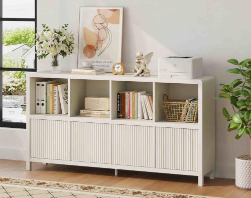 Bookcase 8 Cube Storage Organizer, Horizontal Bookshelf with 4 Doors, Long Wooden Book Shelf for Home Office, Bedroom, Entryway (Antique White) - color: Antique White With 4 Doors