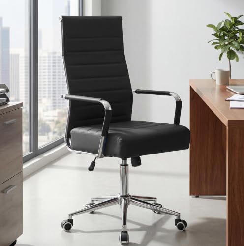 JOMEED Office Desk Chair,Conference Room Chair,High Back PU Leather Swivel | Modern Executive Ribbed Design, Ergonomic, Height Adjustable, Wheels and Arms, for Home Office(Black-Silver Frame) - color: Black-sliver Frame
