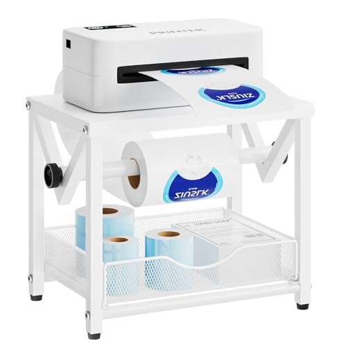 Marbrasse Label Holder for Rolls and Fanfold Labels, Metal Thermal Label Printer Holder with Drawer, Shipping Label Stand, Sticker Roll Holder for Home, Office, Small Business,White - color: White