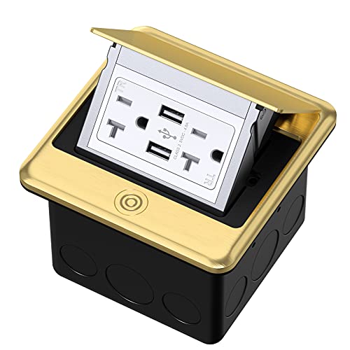 Professional Pop-up Floor Power Outlet Box with USB 5V/4.8A Socket, 20 Amps Interference-Resistant Socket, Corrosion-Resistant Hardware, ETL Certified, Brass - color: Brass, size: USB Outlet
