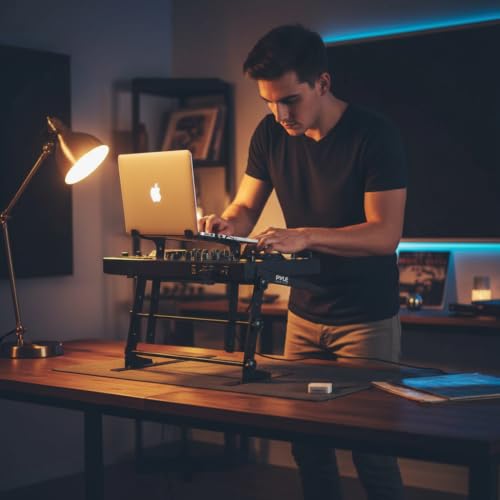Pyle Portable Dual Laptop Stand - Standing Table with Adjustable Height, Ergonomic Design & Anti-Slip Prongs for DJ Mixer, Sound Equipment, Workstation, Gaming & Home Use - PLPTS38, Black