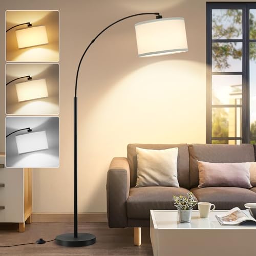 Luvkczc 71" Arc Floor Lamp for Living Room with Adjustable Lamp Head, Black Pole Lamp with White Shade, Standing Lamp with Foot Switch, Over Couch Arched Reading Light for Bedroom, Office, Study Room - color: Black,white