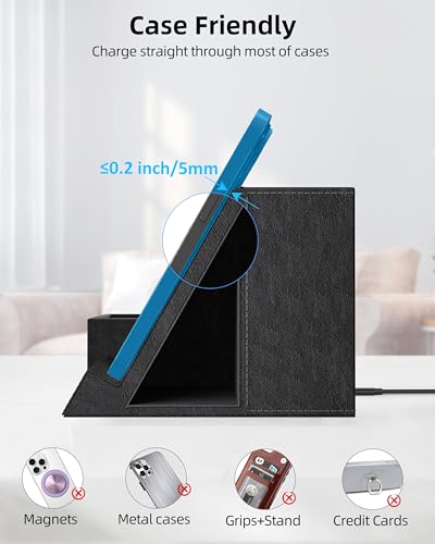 Wireless Charger with Desk Organizer, 3 Compartments and 1 Phone Stand - color: PU Black
