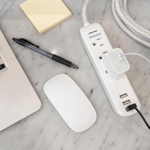Philips Surge Protector Power Strip, 3 Outlet Surge Protector, 6Ft Cord Power Strip, Surge Protector with USB Ports, 3-Prong Flat Plug Power Strip, 360J Surge Protector Outlet, White, SPP3306WB/37 - style: 3 Outlet | 2 USB