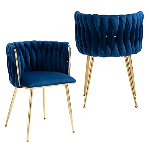 NIOIIKIT Modern Velvet Dining Chairs Hand Weaving Accent Chairs Living Room Chairs Upholstered Side Chair with Golden Metal Legs for Dining Room Kitchen Vanity Living Room (Navy) - color: Navy