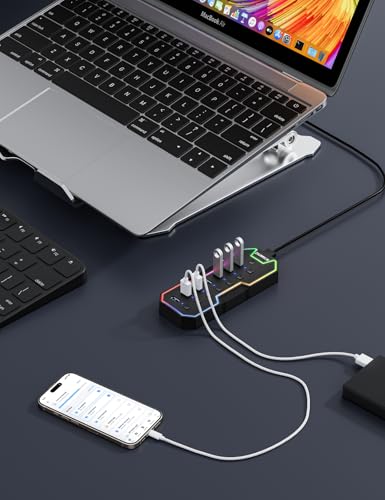 USB Hub 7 Port, RGB LED Strip USB Splitter for Laptop Gaming | USB 3.0 Hub with Individual LED On/Off Switches for Mac, PC, Desktop, Flash Drive, Mobile HDD