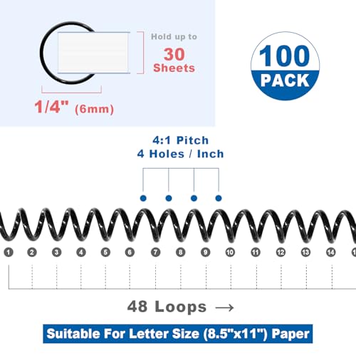 HOUYEE 100 Pcs Plastic Spiral Binding Coils,6mm (1/4"),4:1 Pitch,48 Loops - size: 1/4"(30 sheet capacity)
