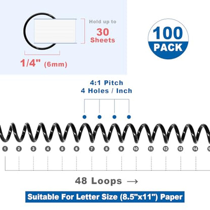 HOUYEE 100 Pcs Plastic Spiral Binding Coils,6mm (1/4"),4:1 Pitch,48 Loops - size: 1/4"(30 sheet capacity)
