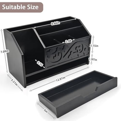 Black Wooden Mail Organizer with Drawer, Three Tiered Desk Accessories for Office Organization and Storage, Stylish Countertop Document Storage, Home/Office/Classroom Supplies (Black01) - style: Black01