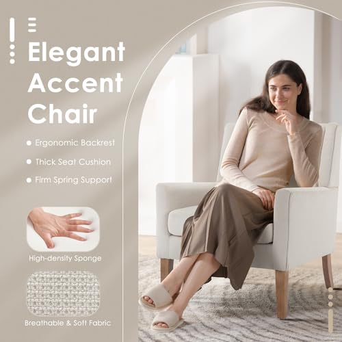 COLAMY Modern Wingback Living Room Chair, Upholstered Fabric Accent Armchair, Single Sofa Chair with Lounge Seat and Wood Legs for Office/Bedroom/Reading Spaces, Beige
