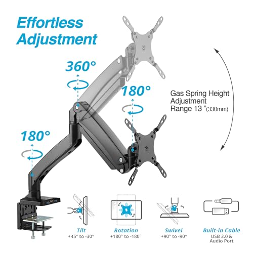 AVLT Single 17"-49" Super Ultrawide Monitor Arm Desk Mount Black | Screens up to 50 lbs Premium Aluminum Stand Adjustable Pneumatic Height Full Motion Swivel Tilt Rotation USB 3.0 & AUX Ports - color: Black