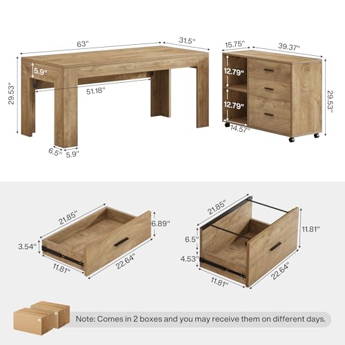 Tribesigns 63" L Shaped Desk with Storage, Executive Office Desk with Mobile Lateral File Cabinet Combo, Large Computer Table with Drawers and Shelves, Business Furniture Set for Home Office, Brown - color: Brown