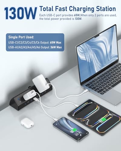 Jgstkcity 130W Desk Clamp Power Strip, 12 USB Ports (6 PD 65W USB-C),Surge Protector,ETL Listed Power Hub Extension Cord,Fast Charging Station for Home Office Desk Edge Mount (Black, 12 USB-130W) - color: Black, size: 0 Outlets & 12 USB Ports - 130W