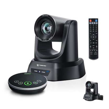 TONGVEO 4K AI Auto Tracking PTZ Conference Camera System with Bluetooth Speakerphone & Microphone, 20X Optical Zoom, USB3.0 HDMI LAN PoE Power Camera for Church Worship, Meetings, Streaming - color: Onyx