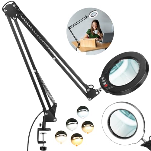 12X Large Magnifying Glass with Light and Clamp, Real Glass, 5 Color Modes, Stepless Dimmable, 2 x 16 Inch Adjustable Swing Arm Stand Desk Lamp, LED Lighted Magnifier Hands Free for Close Work, Hobby - color: Black, size: 12X 32inch Clamp