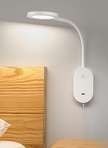 deeloop Wall Mounted Reading Light,Book Lights with USB Output, Reading Lamps for Bed Headboard in 4 Hours Auto-Off, Touch Control Wall Lamp with 5 Dimmable Flexible Head Rotation Bedside Lamps White - color: White