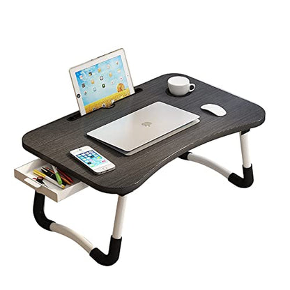 Home Office Lap Desk with Storage Drawer, Cup and Phone Holder, Laptop Bed Tray Table, 23.6" Foldable Desk, Laptop Stand for Breakfast, Working, Writing, Gaming and Drawing - color: Black