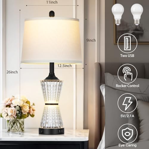 Modern Table Lamps for Living Room, 26" Tall Black Table Lamp with 2 Textured LED Night Light, 2 USB Charging Port & AC Outlet, Bedside Lamps for Bedroom Nightstands End Table Office, 2 Bulbs Included - color: Black-1