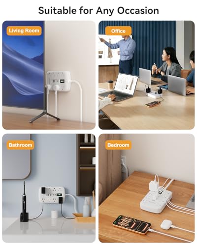 3FT Extension Cord with 6 USB(3 USB C) 8 Outlets, Flat Plug Power Strip - size: 3 FT-White-Three Prong