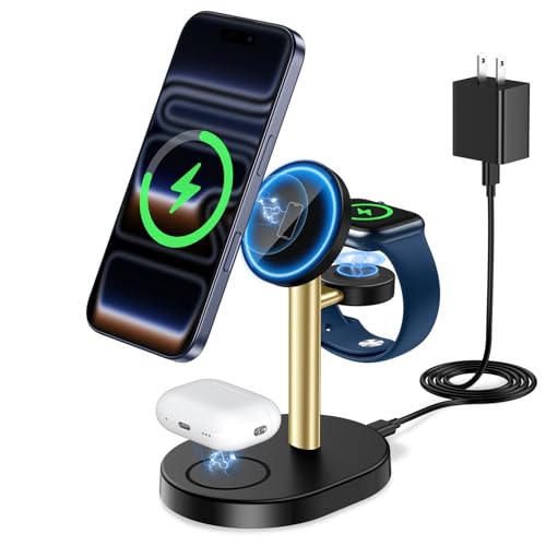 Hevanto 2026 3 in 1 Wireless Charging Station for Apple MagSafe Charger, 15W Fast Magnetic Mag-Safe Charger Stand for iPhone 17 16 15 14 13 12 Apple Watch AirPods Series GoldBlack - color: GoldBlack, size: 15W