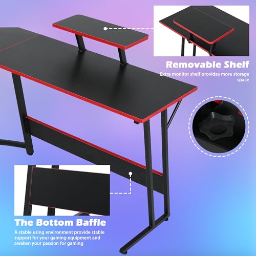 Gaming Desk L Shaped Desk, 50.4” Large Computer Desk with Shelves & Carbon Fiber Desktop, Wood Computer Table Writing Work PC Desk for Bedroom Office Dorm Small Space, Black - color: Black