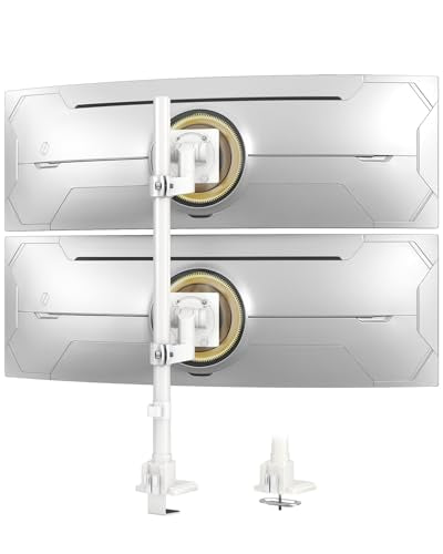 Dual Ultrawide Monitor Mount for 24-57'' Screens, Max Load 59.4 lbs per Arm | Vertically Stacked, Heavy Duty, Aluminum, Fully Adjustable, Topside Clamp/Grommet Mounting, VESA 75/100 mm, White - color: White