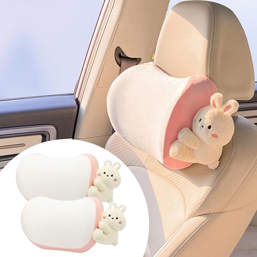 Car Headrest Pillow 2PCS Bear or Bunny Car Seat Neck Pillow Car Decor Memory Foam Neck Support Cushions for Comfortable Driving, Easy Install & Washable (Pink) - color: Pink