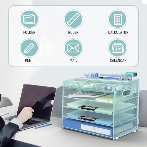 Docnest 5 Tier Mesh Desk Organizer with Removable Tray&Pen Holder, Blue - color: Blue, size: 12.6"x9.1"x10.3"