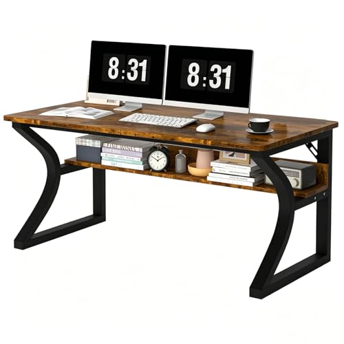 47'' Computer Desk Home Office Desk, Modern Computer Desk w/U Shaped Metal Frame, Storage Shelves, PC Table Study Writing Desk Workstation for Home Office (55inch/Brown) - size: 55inch/Brown