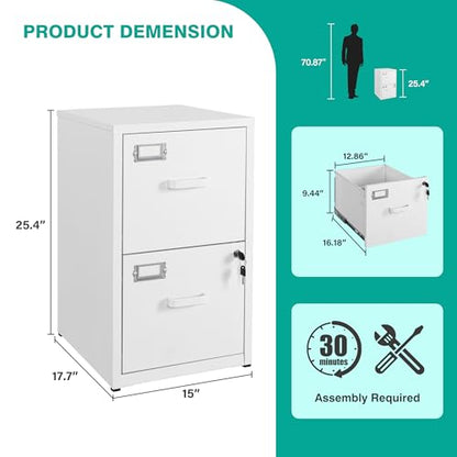 2 Drawer File Cabinet with Lock,Narrow Vertical Filing Cabinet,Under Desk File Cabinets,White Metal File Cabinets for Home Office,Fit Letter/A4/Legal Size File,Easy Assembly - color: White, style: 2 Drawer