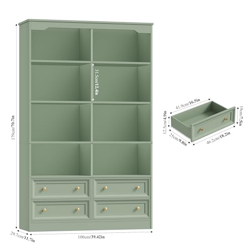 71" Tall Bookshelf with 4 Drawers Large Bookshelf Office Bookcase | 6-Tier Double Wide Bookshelves and Bookcases with Storage, Tall Bookshelf Standing Book Cabinet for Home Office, Green - color: Green