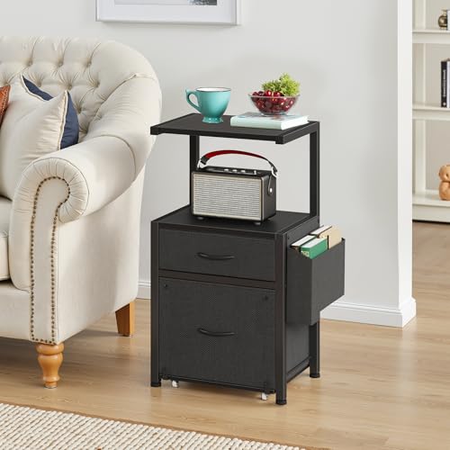 HIGDBFE File Cabinet with 2 Fabric Drawers & Dual Shelves, Black | 2-Tier Printer Storage, Letter File Drawer, Reversible Side Bag, Smooth Drawer Slides, Rolling Support Board Prevent Collapse - color: Black